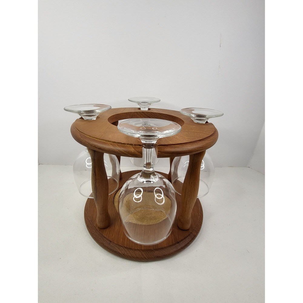Dolphin Genuine Teakwood Wine Glass Caddy Carousel Thailand Mid Century Modern